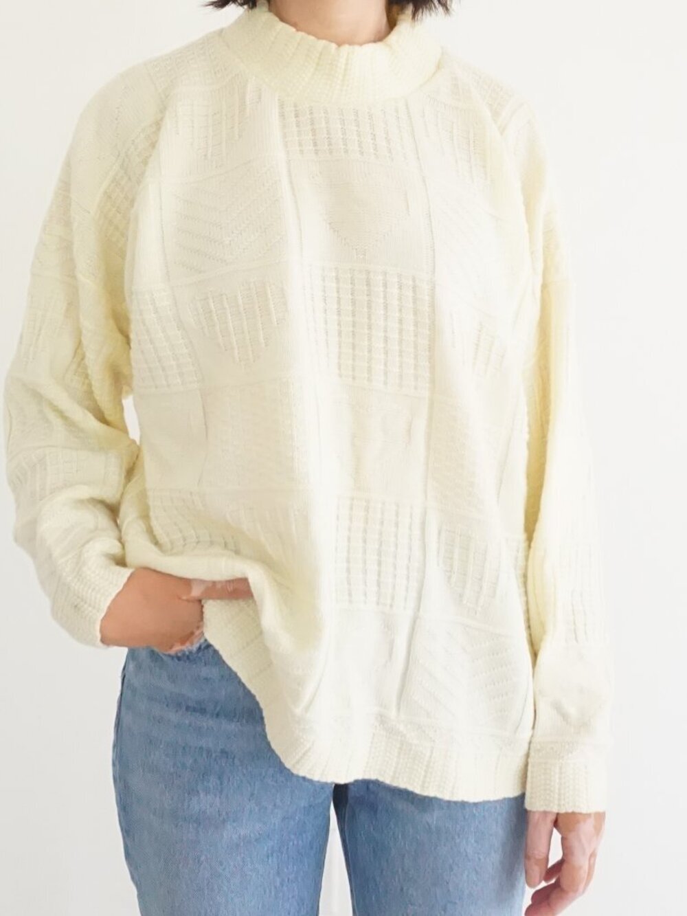 Vintage Workables Cream Geometric Grid Patchwork Textured Mock Sweater 20W